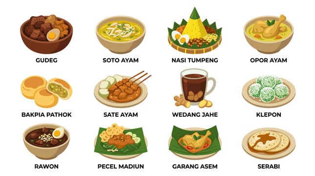 A collection of twelve traditional Indonesian pixel art food and drink items, showcasing various dishes like gudeg, soto ayam, nasi tumpeng, and klepon, perfect for game assets or cultural