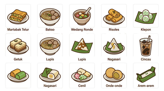 Pixel art collection of traditional Indonesian street food and snacks, featuring various dishes and desserts in a cute, retro game style, isolated on a white background, perfect for menu design or