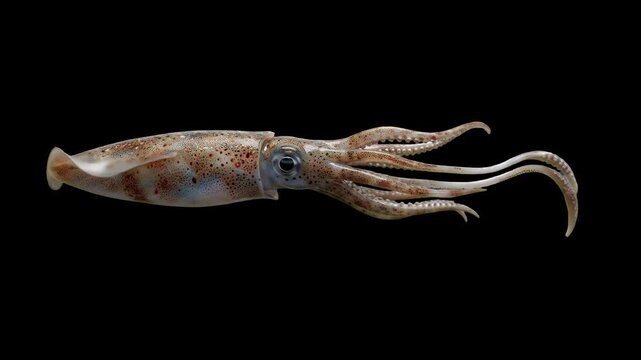 A photorealistic 3D animated squid or calamari cephalopod swimming forward horizontally in deep water, completely isolated on a solid black background.