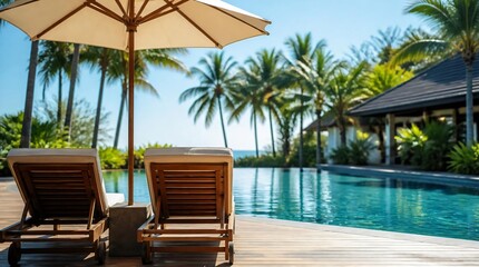 Fototapeta premium A wooden lounge chairs and umbrellas in tropical resort pool.