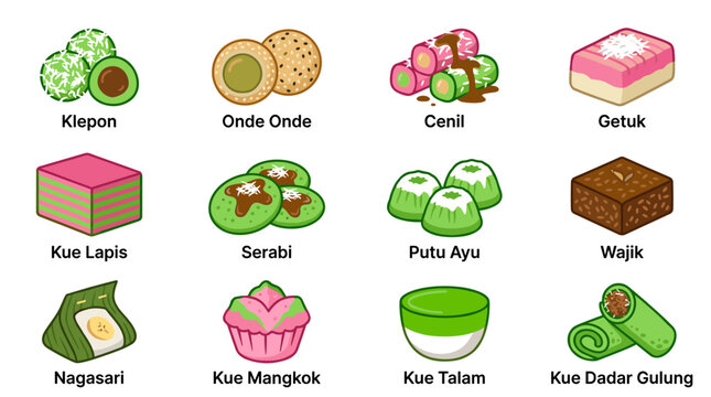 Pixel art collection of traditional Indonesian desserts and sweet snacks, perfect for retro gaming assets or cultural food illustration