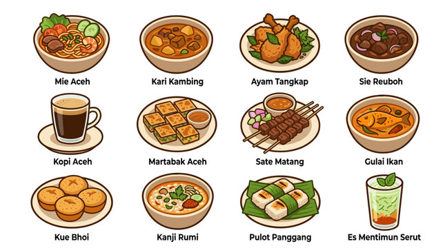 Pixel art collection of traditional Indonesian dishes from Aceh, including Mie Aceh, Curry Kambing, and Ayam Tangkap, showcasing diverse culinary culture