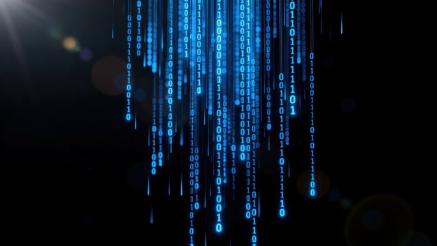 Digital binary code rain against black background
