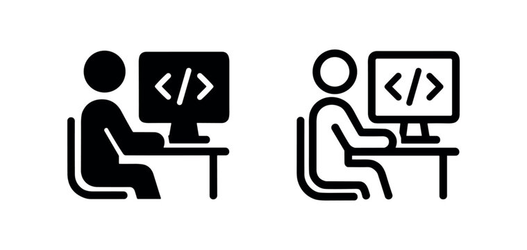 Programmer at computer with code icons