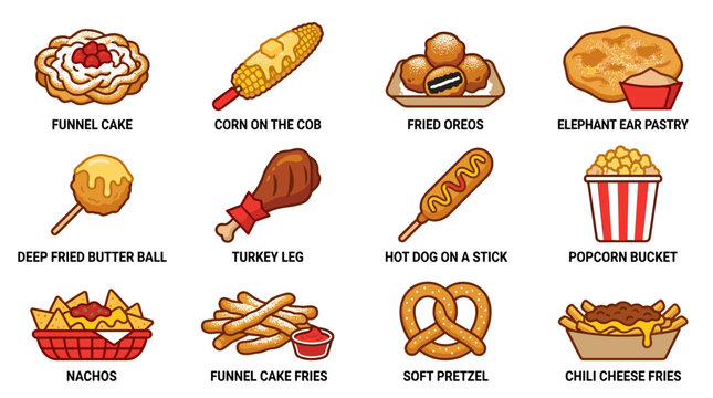 Pixel art collection of classic fair foods including funnel cake, corn dogs, deep fried oreos, elephant ears, caramel apples, turkey leg, hot dog on a stick, popcorn, nachos, french fries, soft