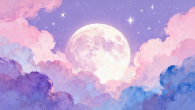 Moon in colorful sky with clouds