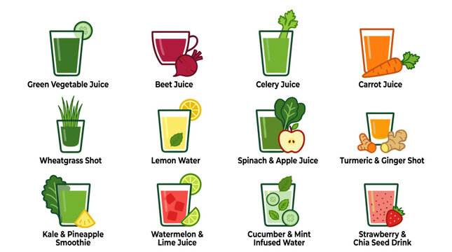 Set of pixel art health drinks including green vegetable juice, beet juice, carrot juice, lemon, kiwi, pineapple, watermelon, and strawberry, ideal for healthy lifestyle themes