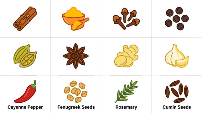 Pixel art spice collection with cinnamon, turmeric, cloves, pepper, cardamom, star anise, ginger, garlic, chili, fenugreek, rosemary, cumin seeds