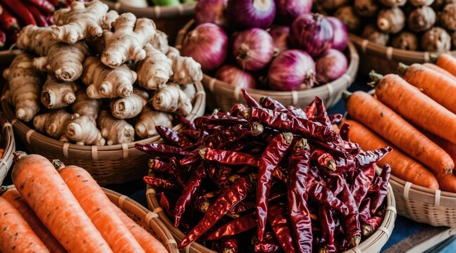 Baskets of fresh ginger root, red onions, dried red chilies, orange carrots displayed at vibrant outdoor market. Colorful selection offers natural, healthy ingredients for diverse culinary uses,