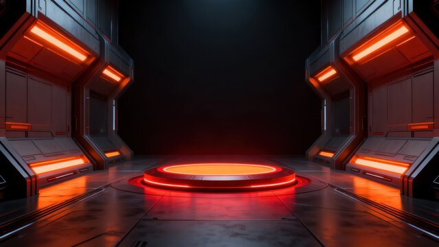 Futuristic scifi room with glowing red platform