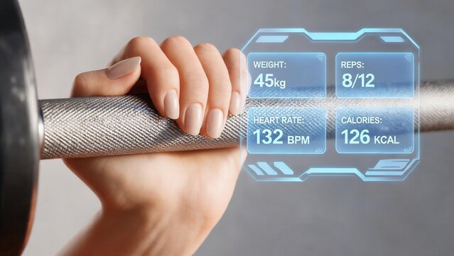 Hand holding weight with fitness stats