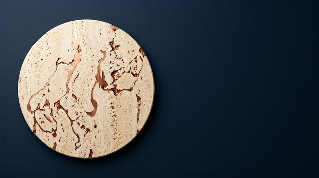 Top-down zenith view of a travertino stone platform with liquid copper veins