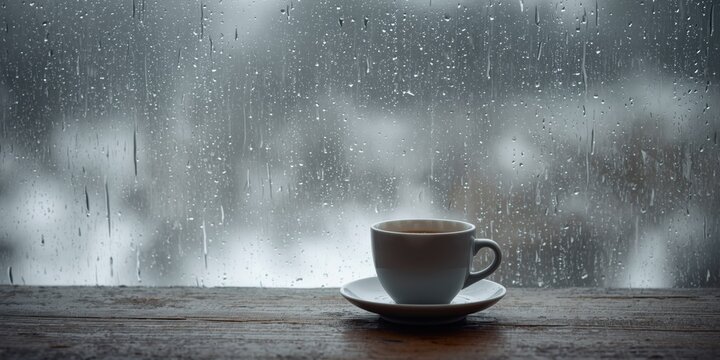 Hot cup of coffee on a rustic wooden table beside a rainy window with soft blurred winter landscape background