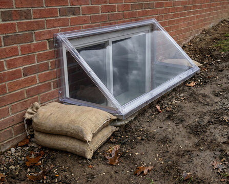 Basement window protected with cover and sandbags