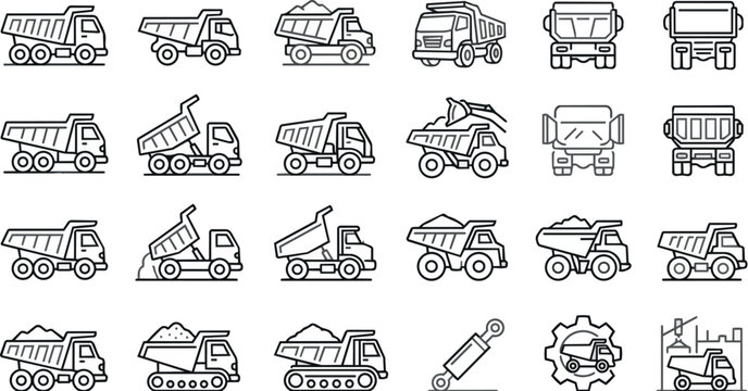 Tipper truck and dump truck line icons set for construction industry