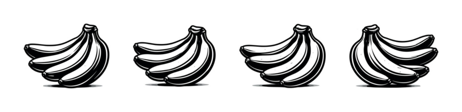 A row of stylized black and white bananas arranged in bunches on a white background