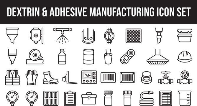Dextrin and adhesive manufacturing icon set featuring industrial equipment, safety gear, and chemical processing symbols in vector