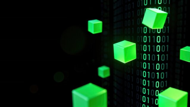 Green cubes and binary code on dark background