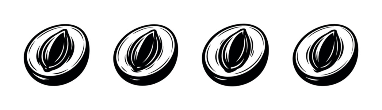 Stylized illustration of four halved plums with visible pits, presented in a linear arrangement