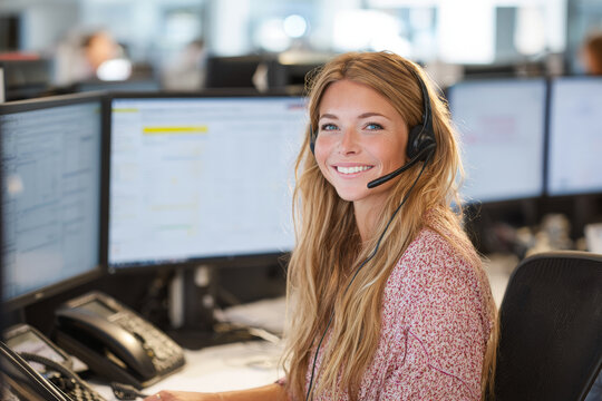 Female corporate team member in business csual attire works confidently at technical support desk with multiple monitors.