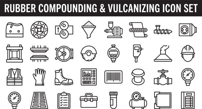 Rubber Compounding and Vulcanizing Icon Set Featuring Industrial Manufacturing Equipment and Safety Gear in Linear Vector Style