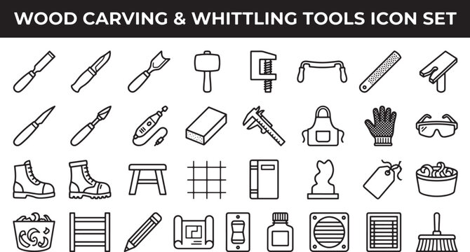 Wood carving and whittling tools icon set featuring chisels knives safety gear and workshop equipment vector illustration