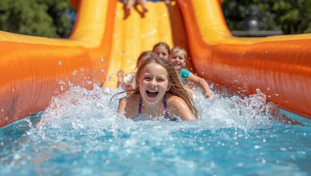 Joyful young girl sliding down an inflatable water slide into a pool with splashing water on a sunny summer day