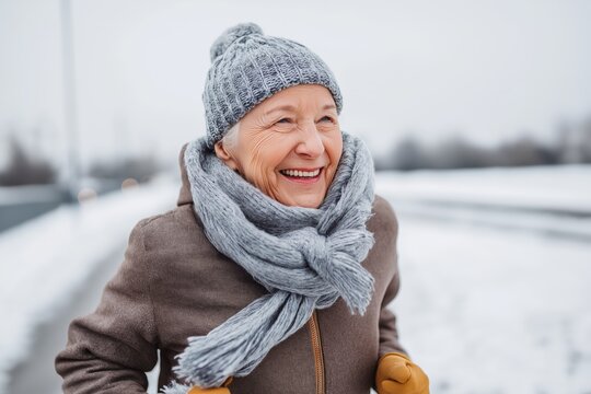 Active senior woman running outdoors in winter, smiling joyfully, dressed in warm athletic clothing, enjoying fresh air, fitness, and healthy seasonal lifestyle.