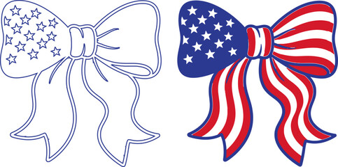 Fototapeta premium USA flag coquette bow ribbon vector set with patriotic American stars and stripes outline and solid hair bow illustration