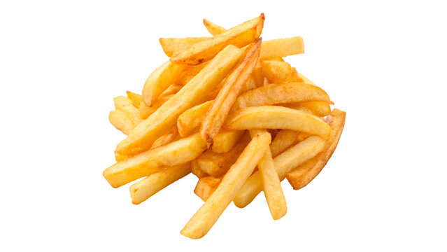 Pile of crispy golden salty french fries potato snacks isolated on transparent background cut out