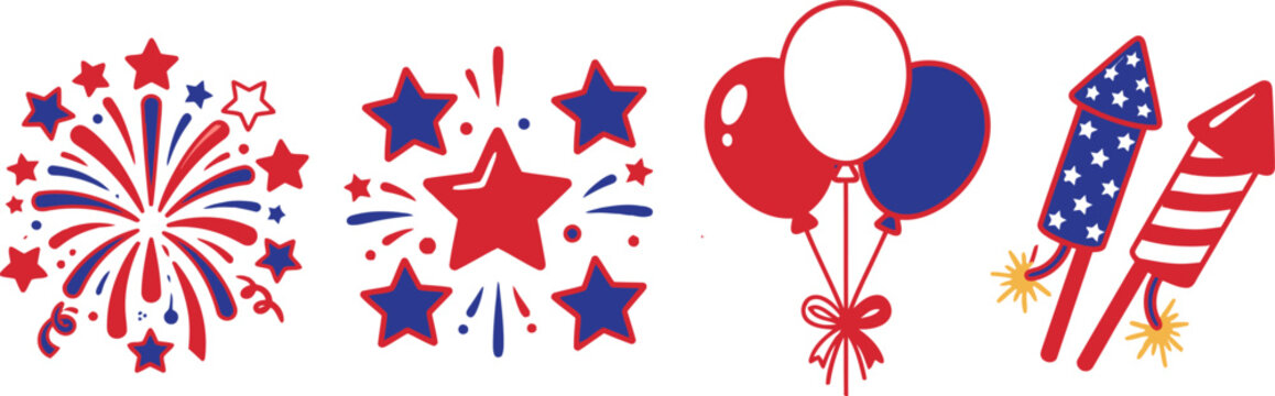 4th of July patriotic element vector set with fireworks star cluster balloons and firework rockets USA independence day illustration