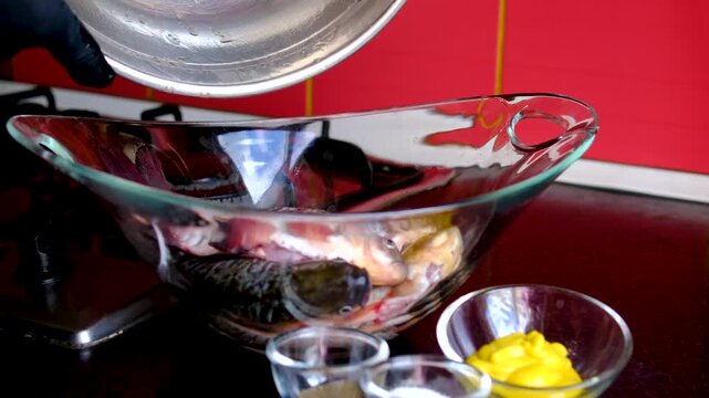 Traditional fried crucian carp recipe from cleaning and seasoning to pan frying and serving homemade fish meal step by step cooking process. full cycle of cooking fresh crucian carp