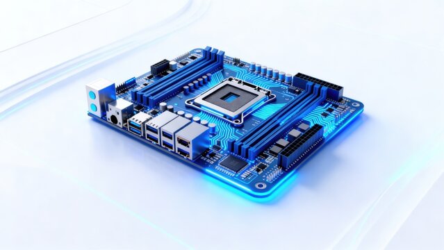 Blue computer motherboard with components