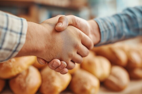 Business handshake in a bakery with fresh bread displayed in the background, symbolizing partnership, agreement, collaboration, and trust in the food production industry.