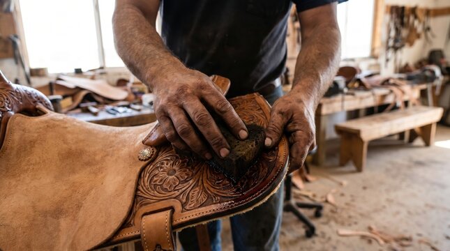 Saddlemaker applying dark oil to a carved leather western saddle with a sponge