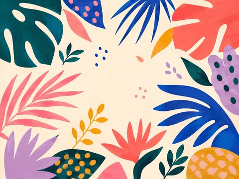 Colorful botanical cutout collage border with tropical leaves and copy space