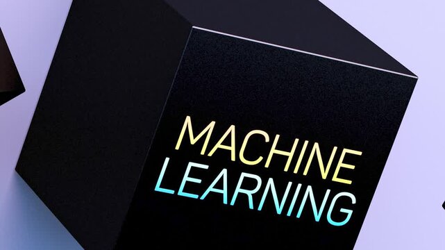 MACHINE LEARNING text, neon sign on a cube. Data, digital training. Machine learning concept with cubes, tech concept, animation. 3D render