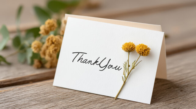 Elegant thank you card with yellow flowers on wooden surface