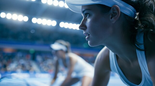 Two elite female tennis players face off on a bright hard court, one poised for a serve during a tense comeback match, focused mood, crisp stadium lighting, low sideline composition.