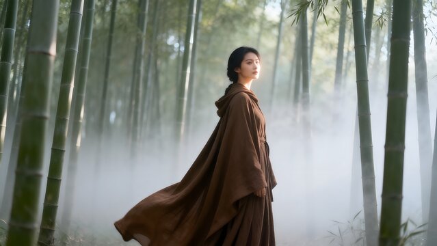 Woman in cloak amidst bamboo forest
