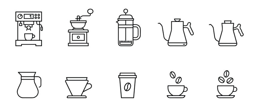 Coffee Making Icons Set: A collection of stylized line art icons depicting various coffee brewing methods and equipment. coffee machine, grinder, french press, kettle, carafe, pour over.