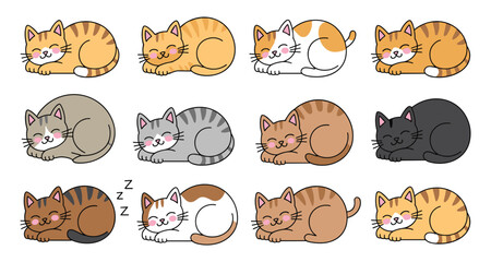 Fototapeta premium A Collection of Sleeping Cats: An adorable assortment of cartoon cats in various colors and patterns. illustration, cute animal, napping pet, playful companion, domestic life.