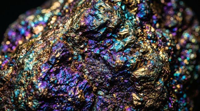 Close-up of iridescent peacock ore with vibrant blue, purple, and gold hues