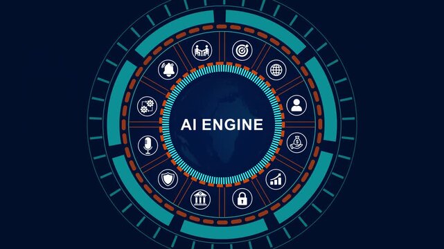 Futuristic ai engine Interface with Business Analytics, Data Visualization, Digital Control Panel, HUD Technology Animation on Blue Background with Glowing Icons, 4K quality animation video