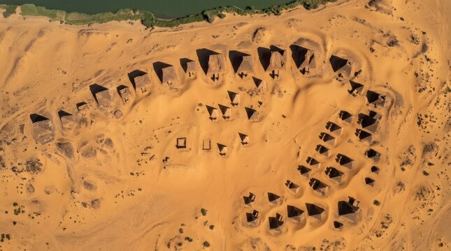 Aerial view of ancient Nubian pyramids in the desert landscape