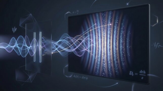 Quantum physics double slit experiment showing wave particle duality with light waves and mathematical formulas