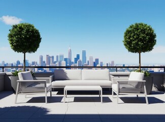 Obraz premium Modern white outdoor furniture set on city rooftop balcony. Sofa chairs and table offer relaxing urban lounge space with skyline background. Enjoying city views from high elevation.