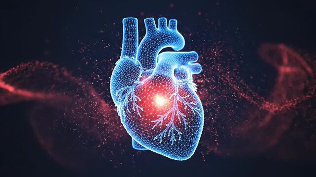 Blue wireframe human heart with red neural energy.