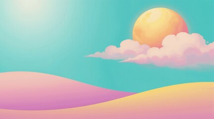 Fototapeta premium Soft pastel landscape illustration with pastel hills under a bright moon and pink clouds. Sky has soft blue and yellow gradient. Dreamy fantasy desert scene.
