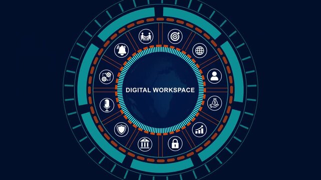 Futuristic digital workspace Interface with Business Analytics, Data Visualization, HUD Technology Animation on Blue Background with Glowing Icons, 4K quality animation video